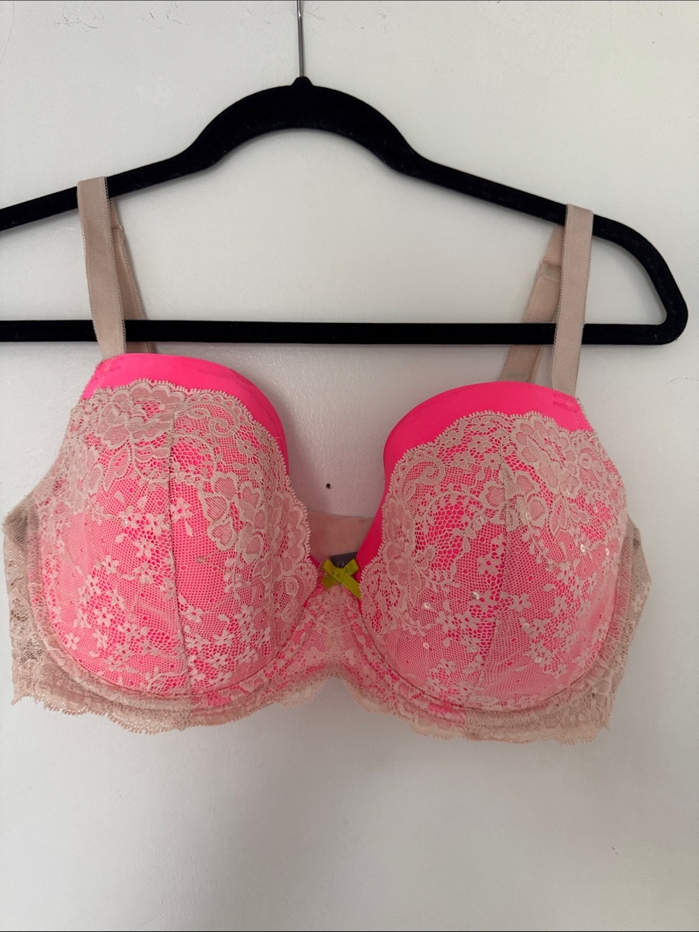 Victoria's Secret Neon Pink Lace Push-Up Bra with Beige Trim